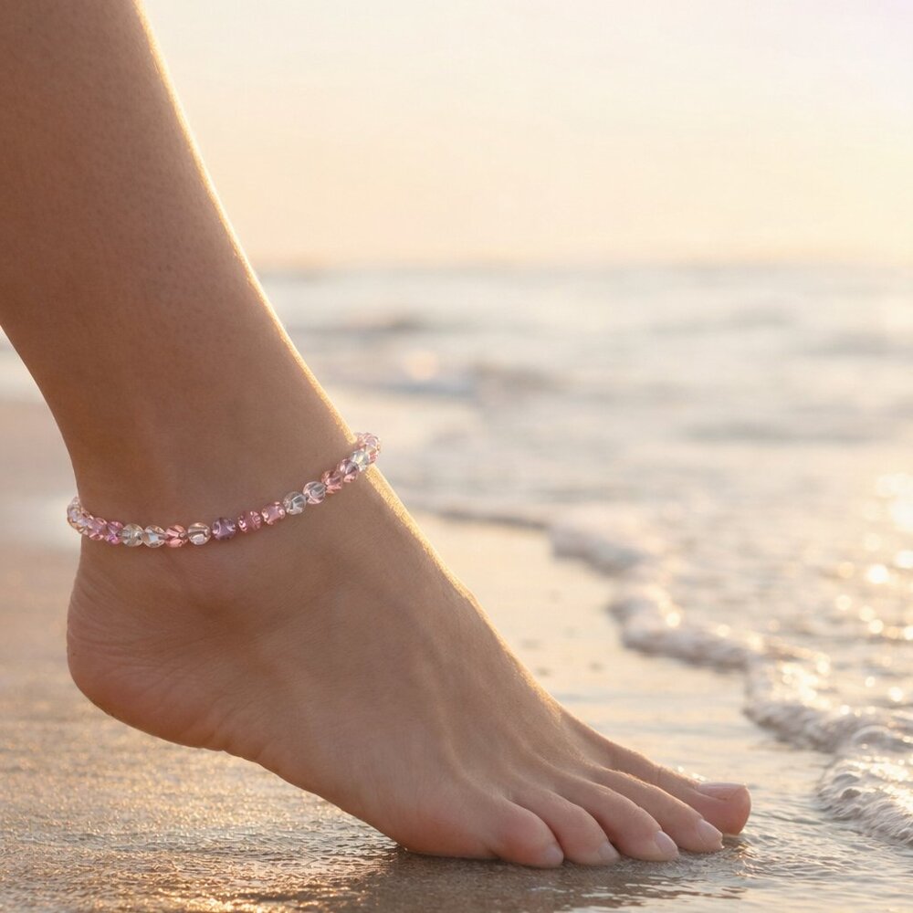Pink Round Crystal Anklet Bracelet | Elegant Sparkle | Handcrafted